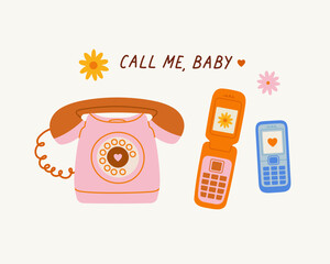 Hand-drawn old phones with hearts, flowers, and hand lettering. Concept of valentine's day, romance, good moments, love, talks. 