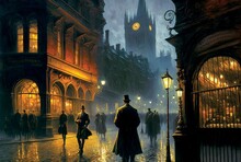 Old European City Landscape, Night City In The Rain Painting, Historical Cityscape, London Or Prague Street Of 19th Century