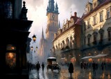 Fototapeta Londyn - Old European city landscape, evening town with glowing lights, historical cityscape, Prague of 19th century