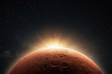 Poster - Amazing beautiful planet Mars with craters in stellar space with the sunrise light.