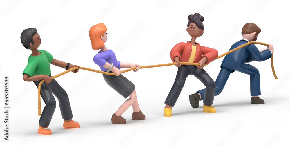 3D illustration of cartoon characters pulling a rope.3D rendering on ...
