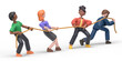 3D illustration of cartoon characters pulling a rope.3D rendering on white background.
