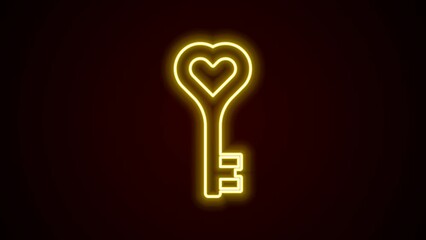 Sticker - Glowing neon line Key in heart shape icon isolated on black background. Happy Valentines day. 4K Video motion graphic animation