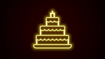 Wall Mural - Glowing neon line Wedding cake icon isolated on black background. 4K Video motion graphic animation