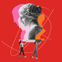 Contemporary Art Collage. Women Carrying Big Antique Statue Bust Over Red Background. Art Exhibition