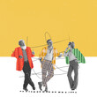 © master1305 - Contemporary art collage. Stylish young people talking over white yellow background. Friends meeting