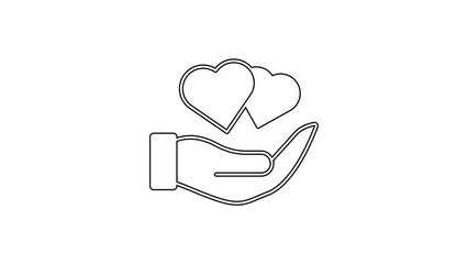 Poster - Black line Heart in hand icon isolated on white background. Hand giving love symbol. Valentines day symbol. 4K Video motion graphic animation