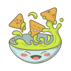 Kawaii cartoon mexican nachos dish with guacamole sauce isolated on white background