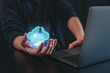© Smallroombigdream - man use Laptop with cloud computing diagram show on hand. Cloud technology. Data storage. Networking and internet service concept.