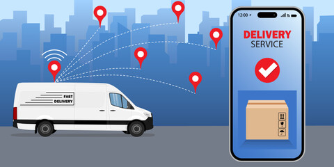 Fast delivery service app on smartphone: van delivering the order and smartphone tracking the parcel, city street in the background, logistics and technology concept