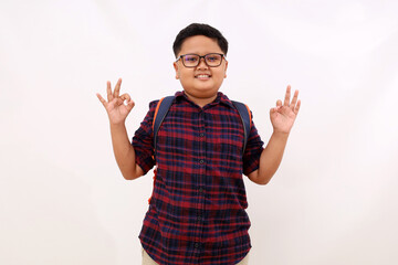 Wall Mural - Adorable Asian schoolboy standing while showing okay hand gesture. Isolated on white background