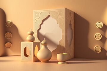 Wall Mural - Arabian lantern and product display podium 3D rendering background. Beautiful muslim invitation with ramadan. Eid mubarak. Religion background. AI