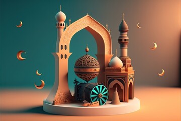 Wall Mural - Islamic display podium decoration background with cannon, lantern, crescent cartoon style. Beautiful muslim invitation with ramadan. Eid mubarak. Religion background. AI