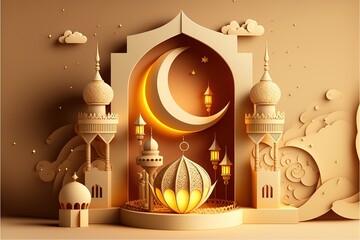 Wall Mural - Islamic decoration background with mosque, lantern, crescent, gift box. Beautiful muslim invitation with ramadan. Eid mubarak. Religion background. AI