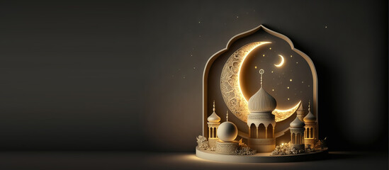 Islamic ramadan kareem display podium background with 3d of arabian lantern and crescent moon. Beautiful muslim invitation with ramadan. Eid mubarak. Religion background. AI