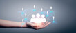 © The KonG - CRM Customer network relationship management concept. Businessman hold team leader icon with map global structure customer technology. Social network marketing online connection system process.