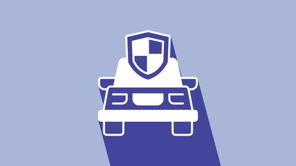 Sticker - White Car insurance icon isolated on purple background. Insurance concept. Security, safety, protection, protect concept. 4K Video motion graphic animation