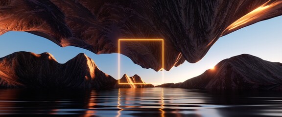 3d render, neon square frame glowing over the futuristic landscape with cliffs and water, sunset or sunrise. Modern minimal abstract background. Spiritual zen wallpaper