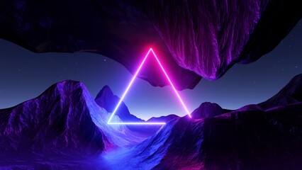 Wall Mural - 3d rendering. abstract futuristic neon background. fantastic landscape with glowing geometric triang
