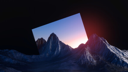 Wall Mural - 3d rendering, abstract modern minimal panoramic background with geometric square shape and landscape