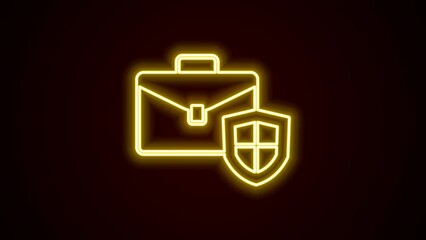 Wall Mural - Glowing neon line Briefcase with shield icon isolated on black background. Insurance concept. Security, safety, protection, protect concept. 4K Video motion graphic animation