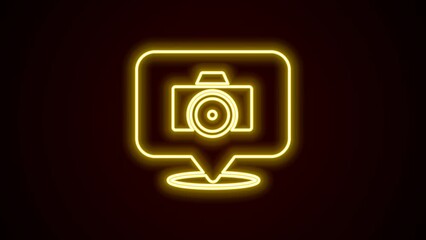 Wall Mural - Glowing neon line Photo camera icon isolated on black background. Foto camera. Digital photography. 4K Video motion graphic animation