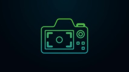 Poster - Glowing neon line Photo camera icon isolated on black background. Foto camera. Digital photography. 4K Video motion graphic animation