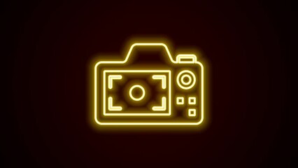 Wall Mural - Glowing neon line Photo camera icon isolated on black background. Foto camera. Digital photography. 4K Video motion graphic animation