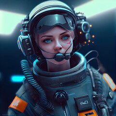 Wall Mural - Portrait of an fictional astronaut in a spacesuit. High-tech astronaut from the future. The concept of space travel. Generative AI