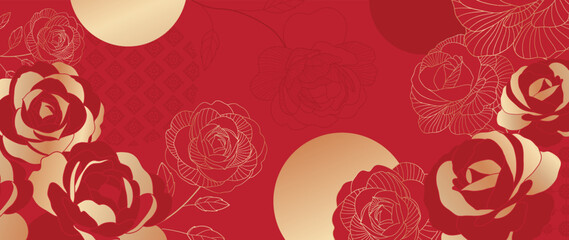 Oriental Japanese and Chinese luxury style pattern background vector. Botanical rose flower with gold texture on chinese pattern red background. Design for Chinese new year , card, poster.