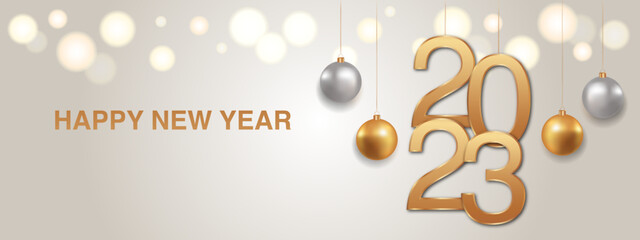 Happy new year 2023 background. Golden numbers and Christmas decoration with shiny lights in background. Holiday background. Vector EPS 10