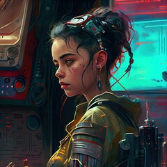 Portrait of a sci-fi cyberpunk girl. High-tech futuristic woman from the future. The concept of virtual reality and cyberpunk. Generative AI.