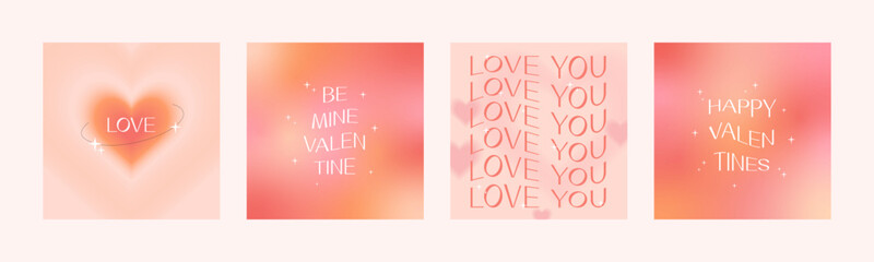 Wall Mural - Happy Valentine's Day square greeting cards. Trendy gradients, blurred shapes, typography, y2k. Social media stories templates. Vector illustration for mobile apps, banner design and web ads.