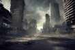 A post-apocalyptic ruined city. Destroyed buildings, destroyed roads, blown up skyscrapers. The concept of the apocalypse. Generative AI