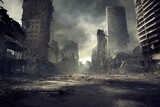Fototapeta Na ścianę - A post-apocalyptic ruined city. Destroyed buildings, destroyed roads, blown up skyscrapers. The concept of the apocalypse. Generative AI