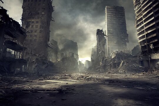 a post-apocalyptic ruined city. destroyed buildings, destroyed roads, blown up skyscrapers. the conc