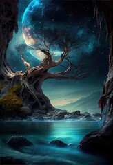 Poster - a deserted abstract colorful alien landscape. alien planets during sunrise. a beautiful landscape on