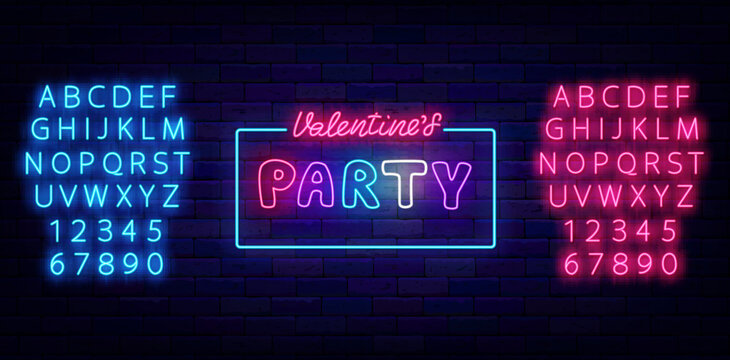 Happy Valentines Day party neon emblem. Luminous blue and pink alphabet. simple frame. Vector stock illustration