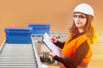 Poster - Woman inspects work of conveyor. Factory employee near production line. Blue plastic crates are on conveyor belt. Factory employee with clipboard. Woman looking at camera while standing near conveyor