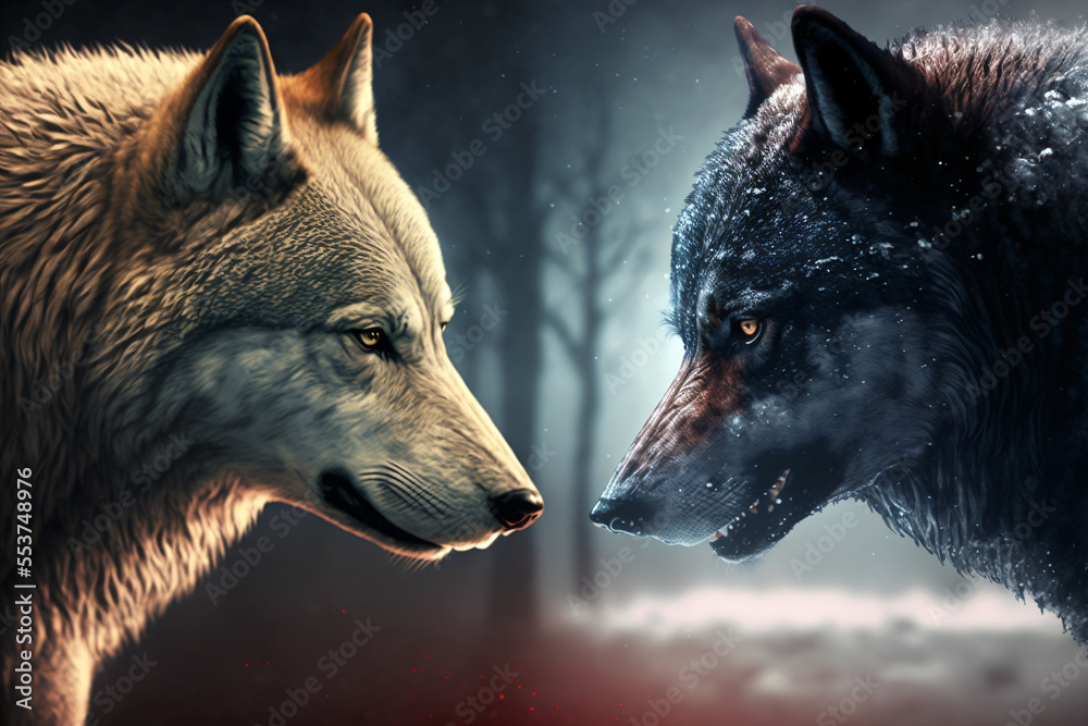 closeup of two wolves aggressive look into each other's eyes, wolf ...