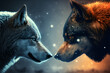 closeup of two wolves aggressive look into each other's eyes, wolf versus wolf, wolf vs wolf, opposite,generative ai