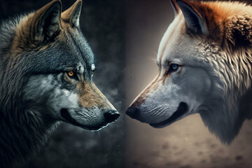 closeup of two wolves aggressive look into each other's eyes, wolf versus wolf, wolf vs wolf, opposite, generative ai