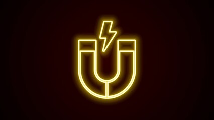 Poster - Glowing neon line Magnet icon isolated on black background. Horseshoe magnet, magnetism, magnetize, attraction. 4K Video motion graphic animation