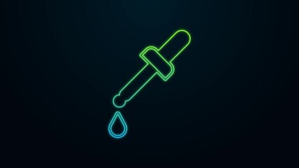 Sticker - Glowing neon line Pipette icon isolated on black background. Element of medical, chemistry lab equipment. Medicine symbol. 4K Video motion graphic animation