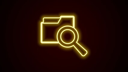 Poster - Glowing neon line Search concept with folder icon isolated on black background. Magnifying glass and document. Data and information sign. 4K Video motion graphic animation