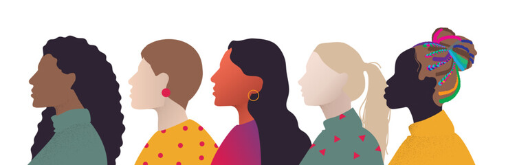 Wall Mural - concept of strong woman power, diversity and inclusion, equality, empowerment. illustration of abstract head profile female silhouette. colorful background for international women's day. 