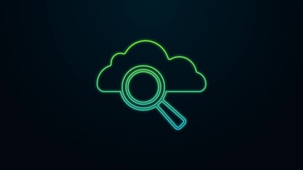 Poster - Glowing neon line Search cloud computing icon isolated on black background. Magnifying glass and cloud. 4K Video motion graphic animation