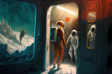 Wall Mural - Images of escaping astronauts from a spaceship, digital paintings inspired by science fiction. Generative AI