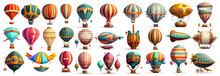 Vintage Hot Air Balloons. Colorful Flying Vintage Airships. Sky Vehicle For Adventure, Traveling Activity Isolated White Background 