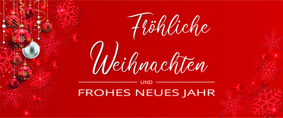 Karte oder Banner, um frohe Weihnachten und ein glückliches neues Jahr in Weiß auf rotem Grund und auf jeder Seite mit Schneeflocken, Glitzer und Weihnachtskugeln in Rot, Weiß und Gold zu wünschen